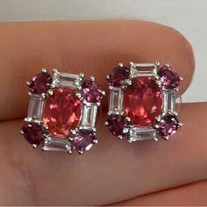 925 Sterling Silver Pink & Purple Gemstone CZ Baguette Earrings